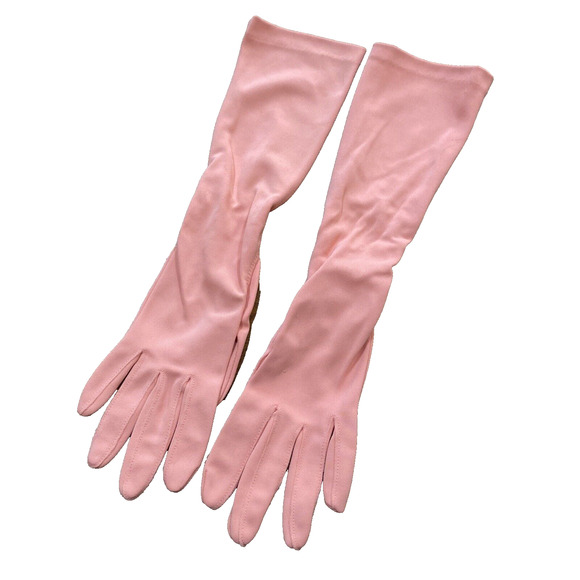 Vintage Formal Gloves Ladies Pink Peachy Below Elbow Elastic Wrist One Size Chic - Picture 1 of 7